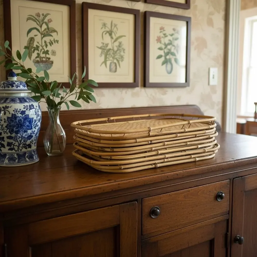 Vintage Bamboo Rattan Serving Trays-Set of 7-Woven-Tiki-Boho-MCM-60s-Coastal-Lap